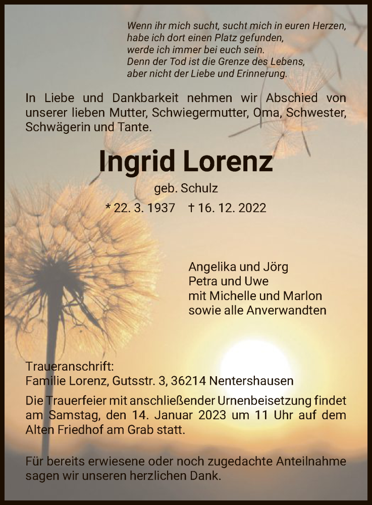 Traueranzeigen von Ingrid Lorenz | Trauer.HNA.de