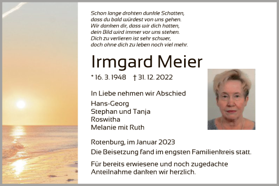 Traueranzeige von Irmgard Meier von HNA