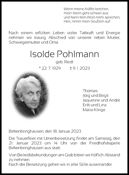 Traueranzeige von Isolde Pohlmann von HNA