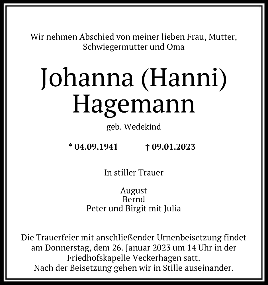  Traueranzeige für Johanna Hagemann vom 23.01.2023 aus HNA