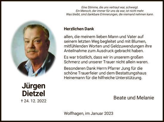 Traueranzeige von Jürgen Dietzel von HNA