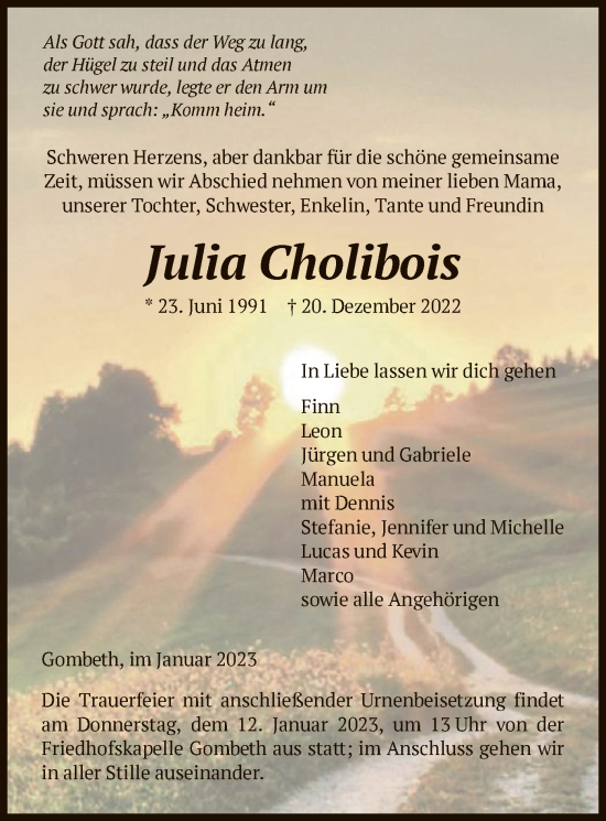 Traueranzeige von Julia Cholibois von HNA