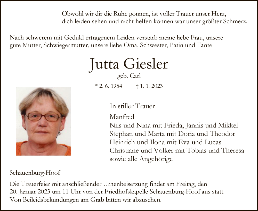 Traueranzeigen von Jutta Giesler | Trauer.HNA.de