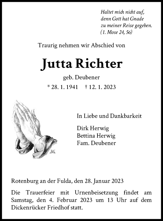 Traueranzeige von Jutta Kicnter von HNA