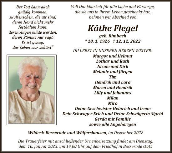 Traueranzeige von Käthe Flegel von HNA