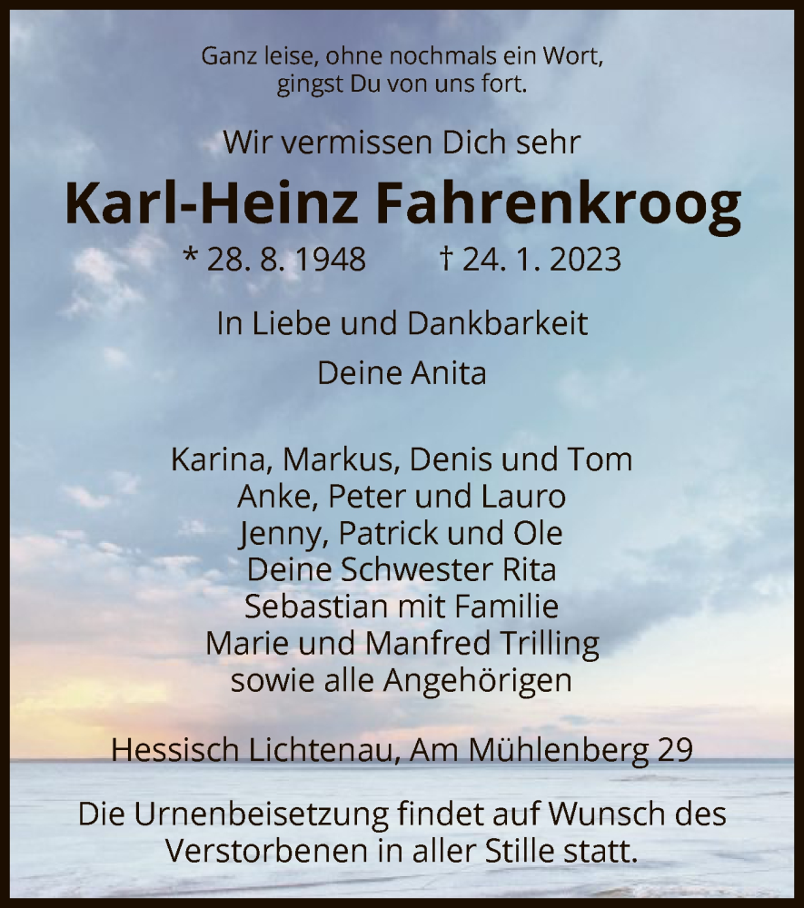  Traueranzeige für Karl-Heinz Fahrenkroog vom 28.01.2023 aus HNA