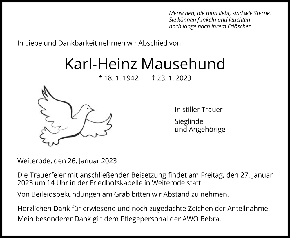  Traueranzeige für Karl-Heinz Mausehund vom 26.01.2023 aus HNA