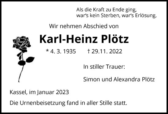 Traueranzeige von Karl-Heinz Plötz von HNA