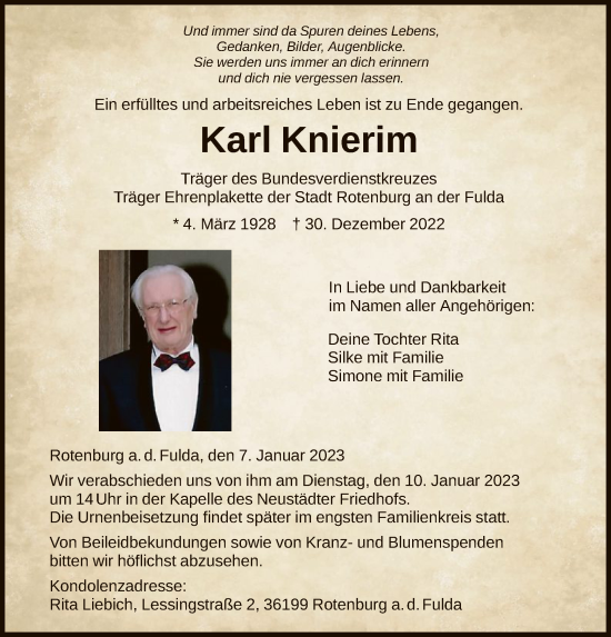 Traueranzeige von Karl Knierim von HNA