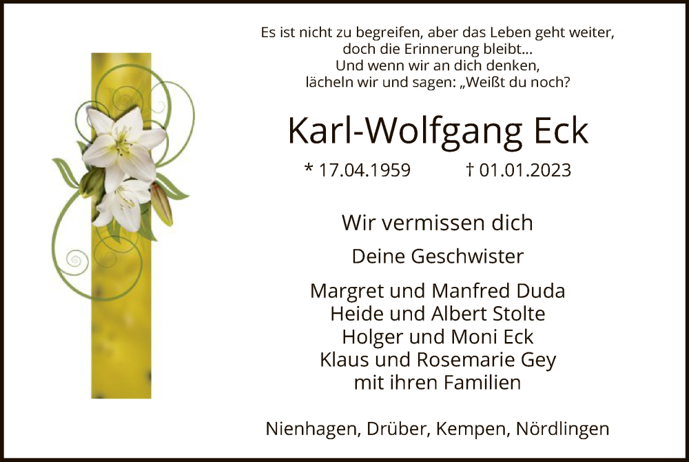  Traueranzeige für Karl-Wolfgang Eck vom 07.01.2023 aus HNA