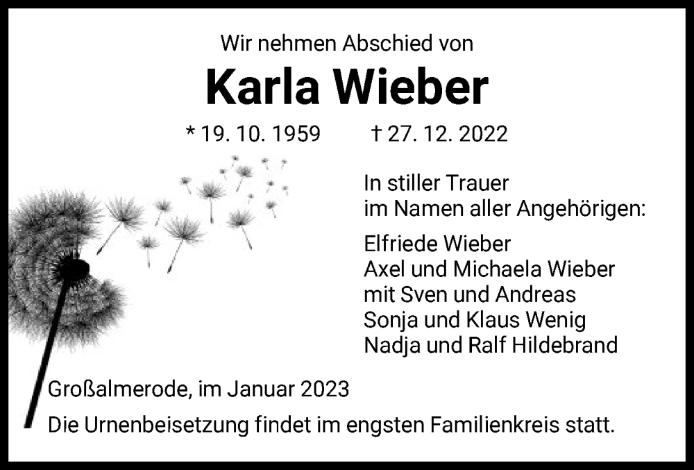  Traueranzeige für Karla Wieber vom 07.01.2023 aus HNA