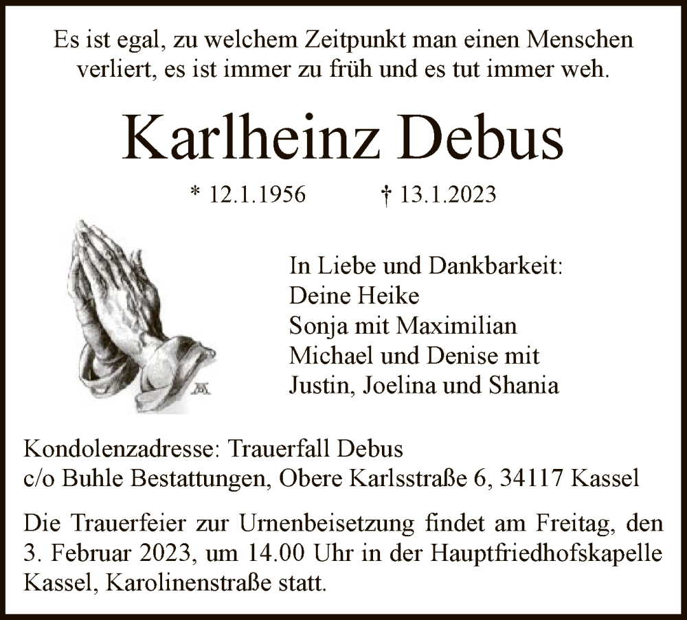 Traueranzeige für Karlheinz Debus vom 28.01.2023 aus HNA