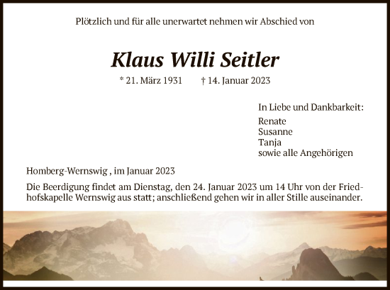 Traueranzeige von Klaus Willi Seitler von HNA