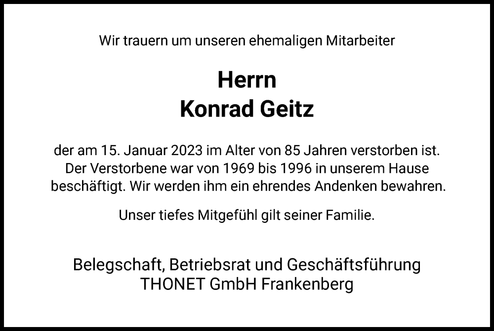  Traueranzeige für Konrad Geitz vom 27.01.2023 aus HNA