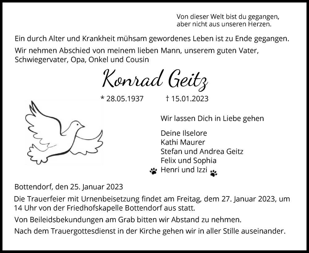  Traueranzeige für Konrad Geitz vom 25.01.2023 aus HNA