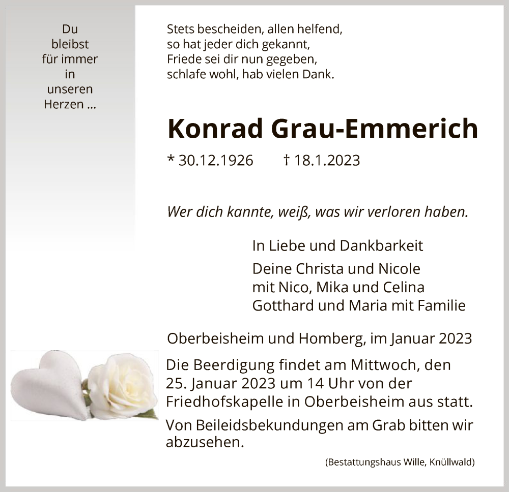  Traueranzeige für Konrad Grau-Emmerich vom 21.01.2023 aus HNA