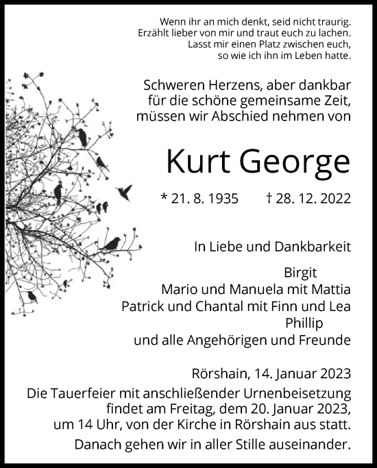 Traueranzeige von Kurt George von HNA