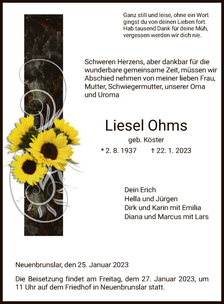  Traueranzeige für Liesel Ohms vom 25.01.2023 aus HNA