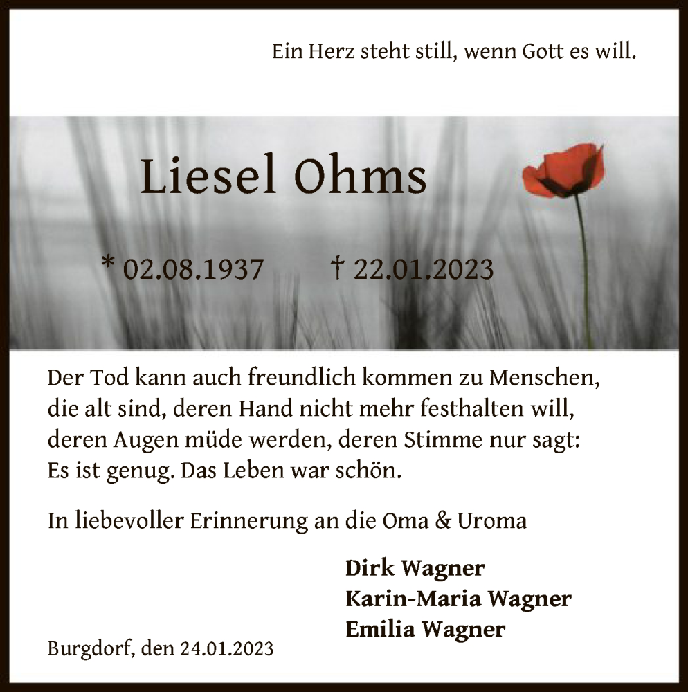  Traueranzeige für Liesel Ohms vom 27.01.2023 aus HNA