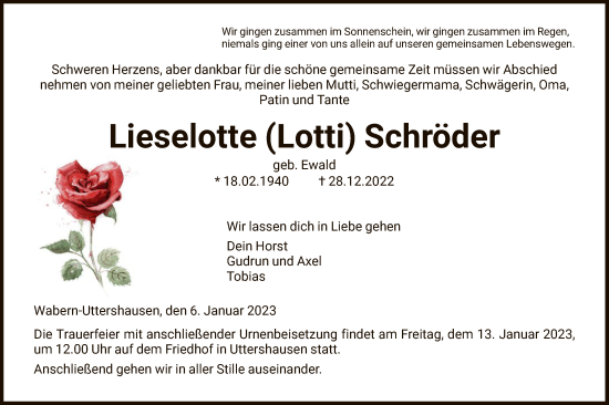 Traueranzeige von Lieselotte Schröder von HNA