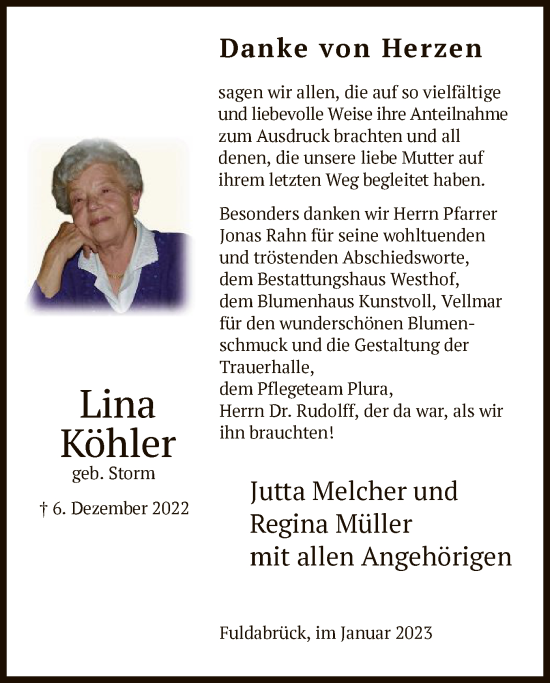 Traueranzeige von Lina Köhler von HNA