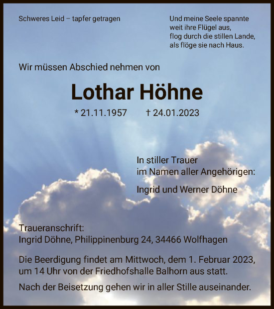 Traueranzeige von Lothar Höhne von HNA