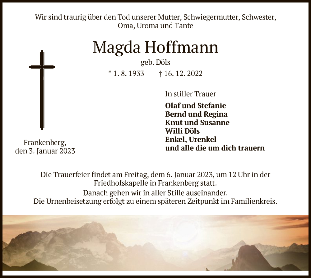  Traueranzeige für Magda Hoffmann vom 03.01.2023 aus HNA