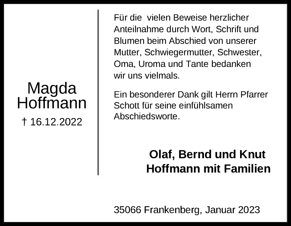  Traueranzeige für Magda Hoffmann vom 28.01.2023 aus HNA