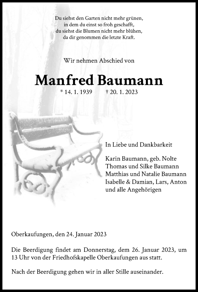  Traueranzeige für Manfred Baumann vom 24.01.2023 aus HNA