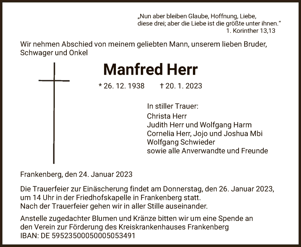  Traueranzeige für Manfred Herr vom 24.01.2023 aus HNA