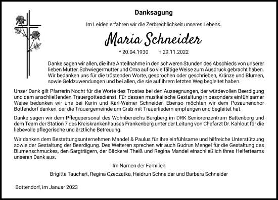 Traueranzeige von Maria Schneider von HNA