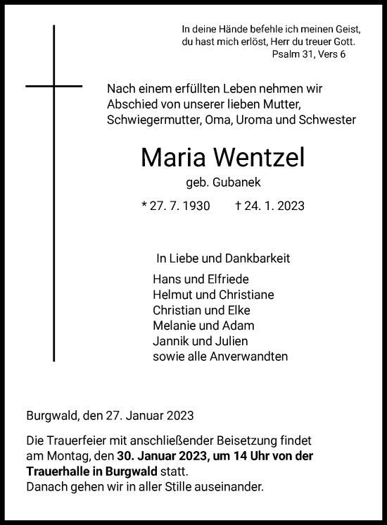 Todesanzeige von Maria Wentzel von HNA