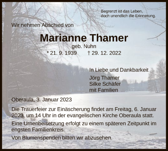 Traueranzeige von Marianne Thamer von HNA