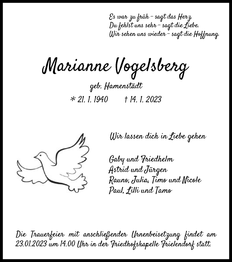  Traueranzeige für Marianne Vogelsberg vom 19.01.2023 aus HNA