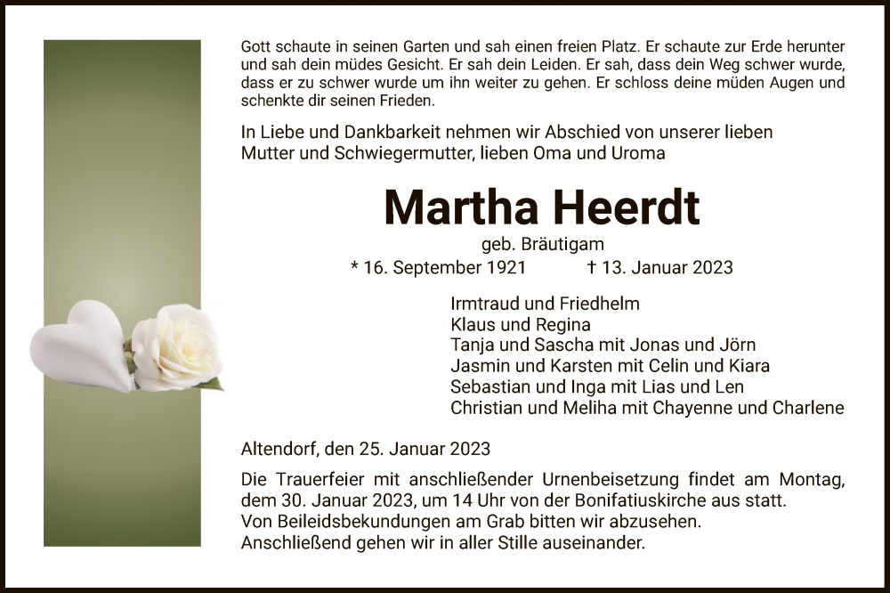  Traueranzeige für Martha Heerdt vom 25.01.2023 aus HNA