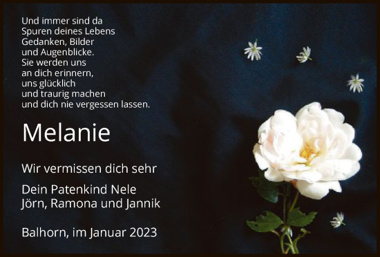 Traueranzeige von Melanie  von HNA