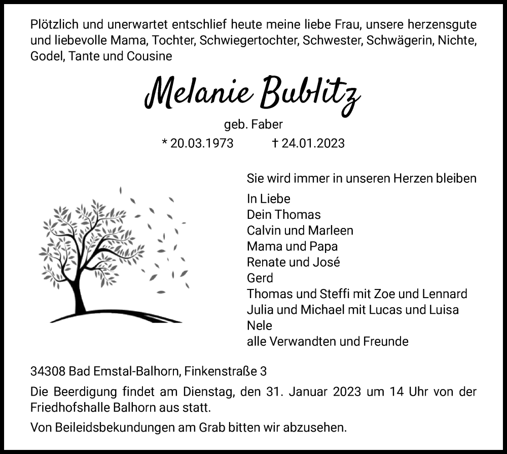  Traueranzeige für Melanie Bublitz vom 28.01.2023 aus HNA