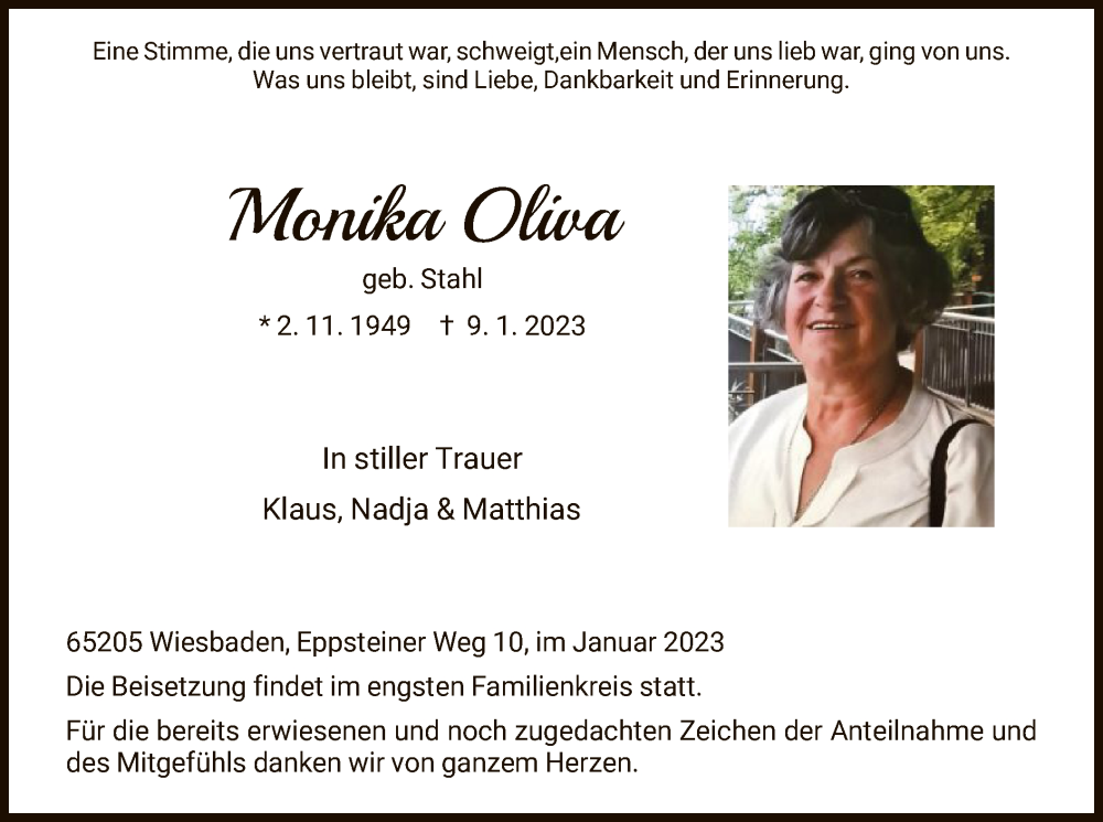  Traueranzeige für Monika Oliva vom 21.01.2023 aus HNA