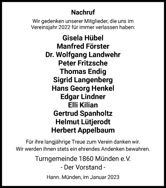 Traueranzeige von Nachruf Turngemeinde 1860 Münden e.V. von HNA