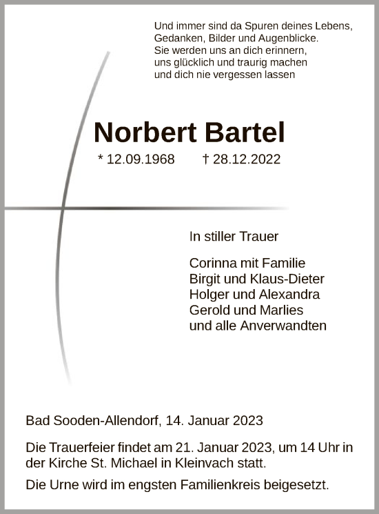Traueranzeige von Norbert Bartel von HNA