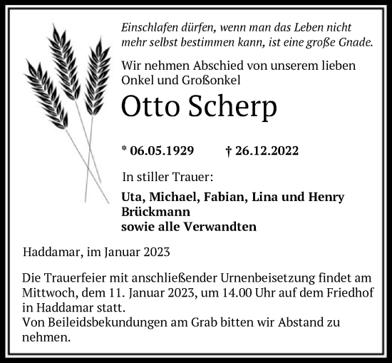 Traueranzeige von Otto Scherp von HNA
