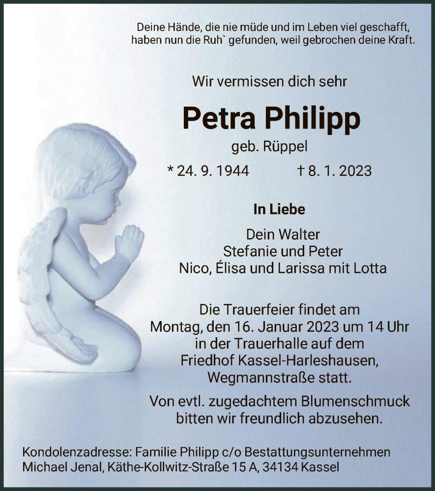  Traueranzeige für Petra Philipp vom 13.01.2023 aus HNA