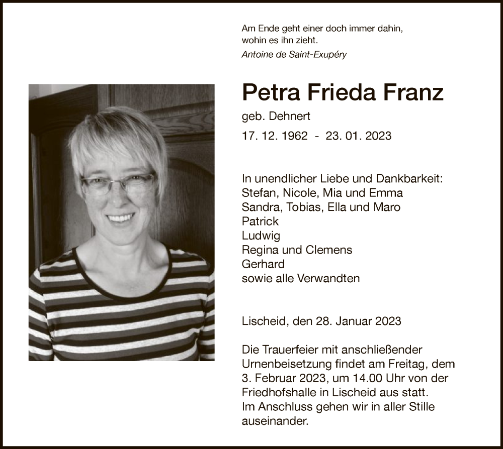  Traueranzeige für Petra Frieda Franz vom 28.01.2023 aus HNA