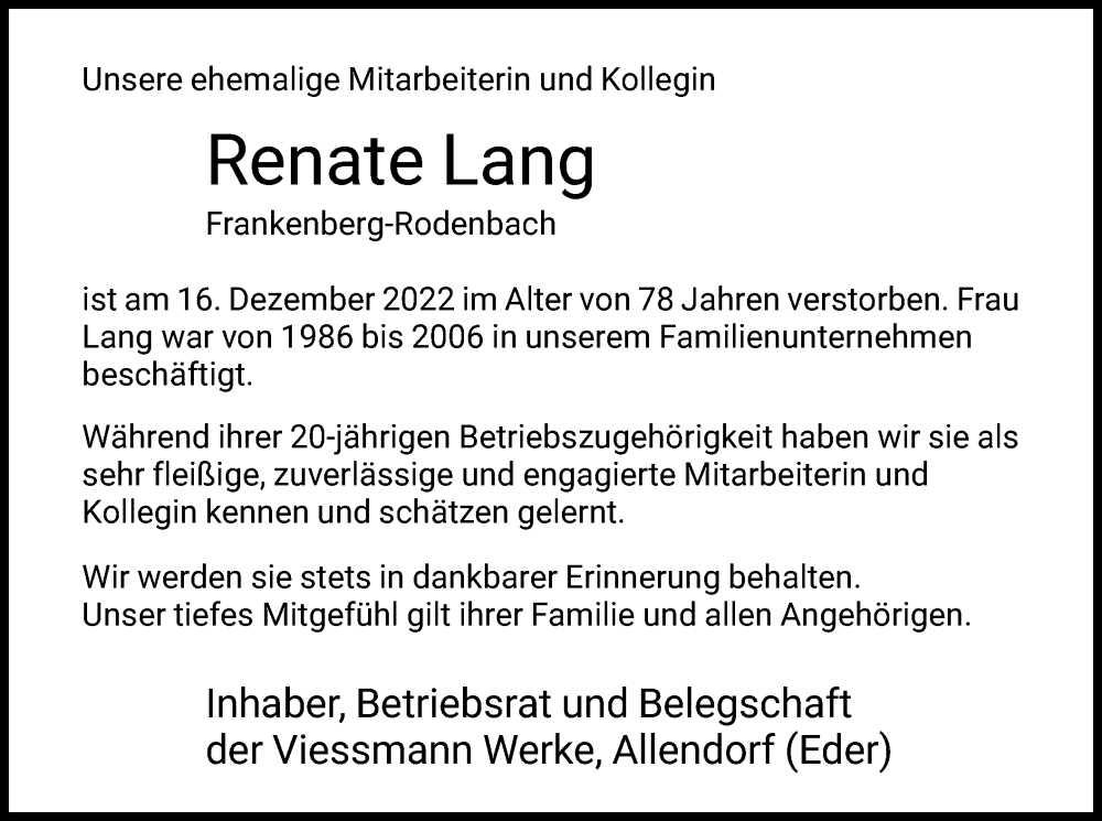  Traueranzeige für Renate Lang vom 20.01.2023 aus HNA