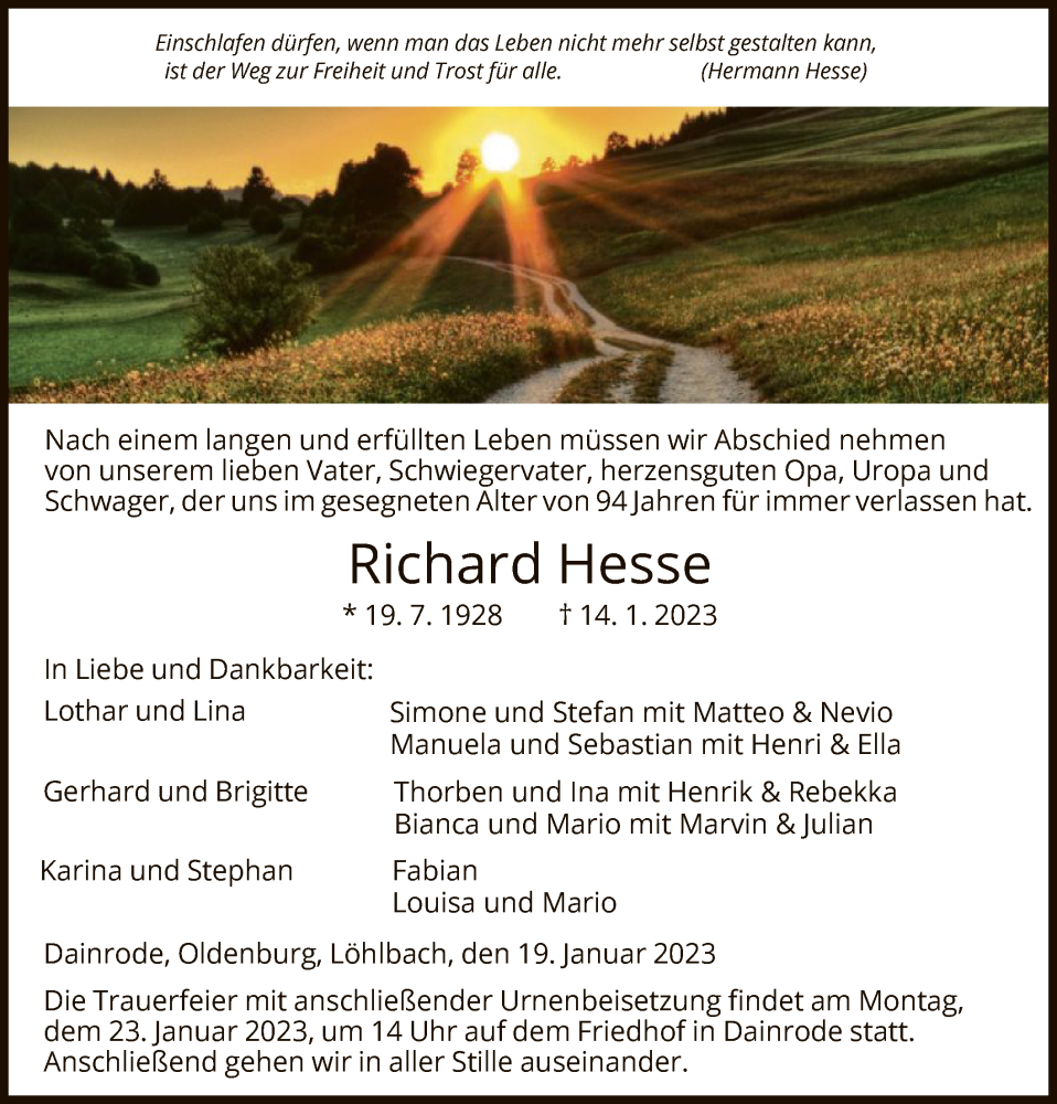  Traueranzeige für Richard Hesse vom 19.01.2023 aus HNA