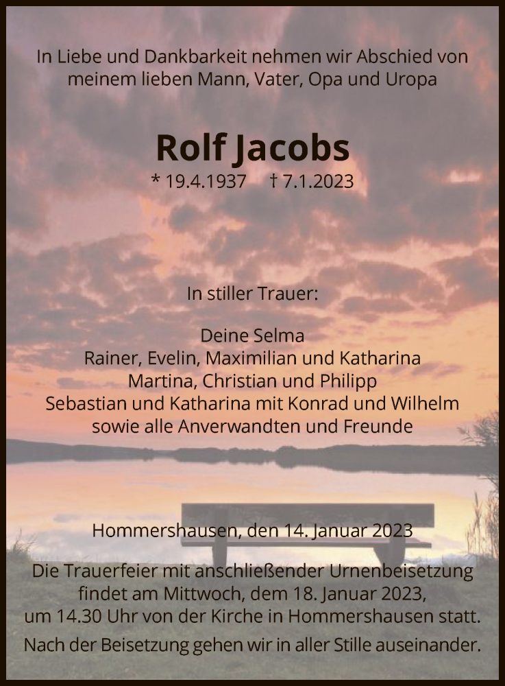  Traueranzeige für Rolf Jacobs vom 14.01.2023 aus HNA