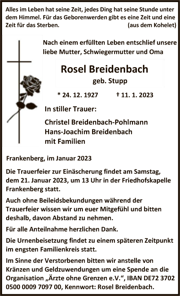  Traueranzeige für Rosel Breidenbach vom 18.01.2023 aus HNA