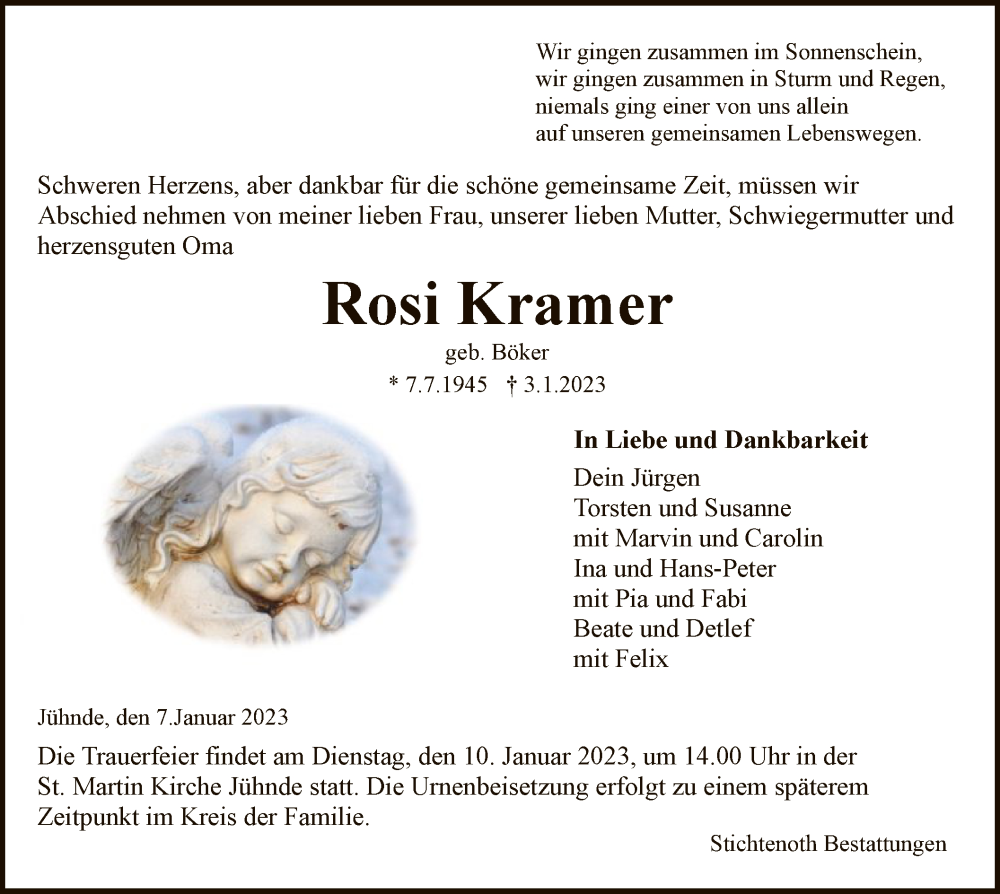  Traueranzeige für Rosi Kramer vom 07.01.2023 aus HNA