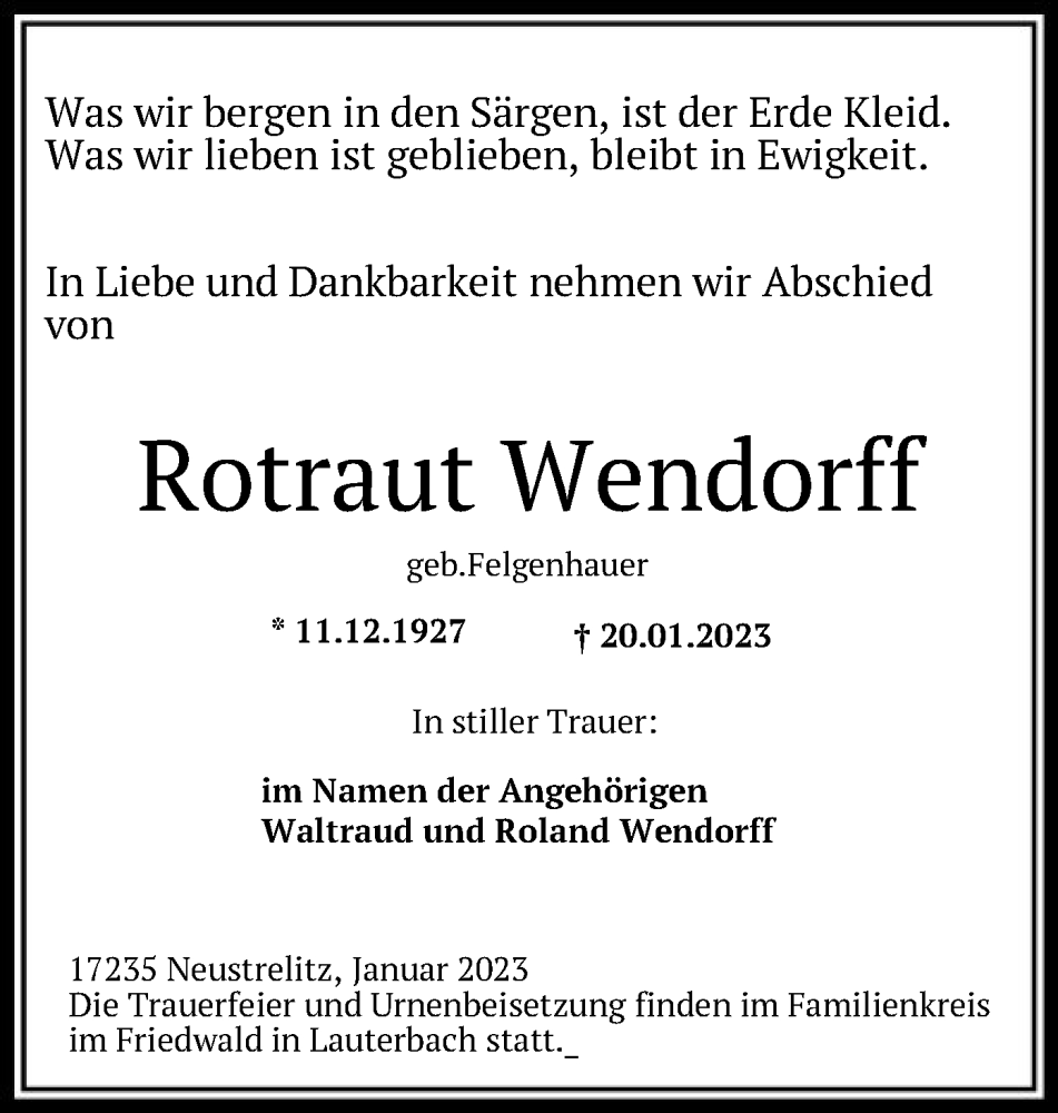  Traueranzeige für Rotraut Wendorff vom 27.01.2023 aus HNA