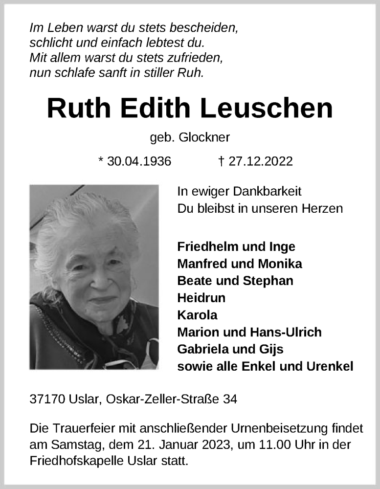  Traueranzeige für Ruth Edith Leuschen vom 07.01.2023 aus HNA